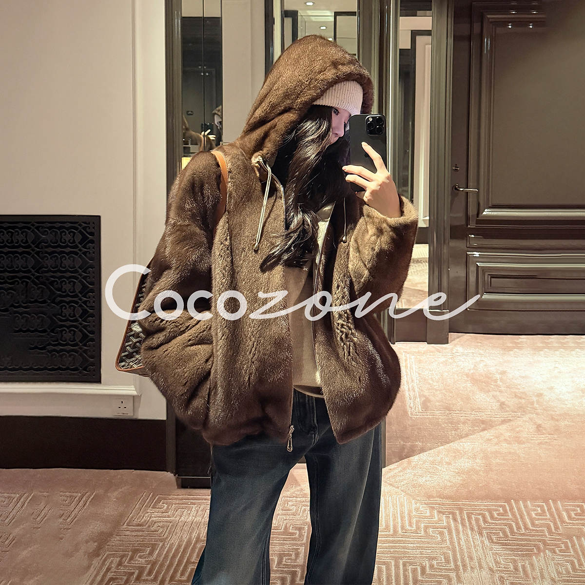 COCO ZONE 刘 一一 “暖咖”100泰国水貂毛皮拉链皮草 CD2A3120