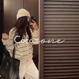 ZONE 翻领横条纹羊毛衫 刘 100绵羊毛 CD2A2928 一一 COCO