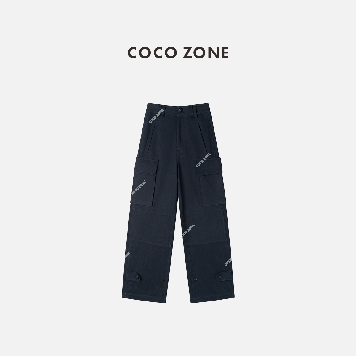 COCOZONE刘一一 宝藏蓝100棉复古设计多口袋工装休闲裤子CC1C2251