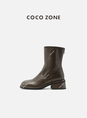 COCO ZONE 刘一一 复古简约圆头中筒靴厚底粗跟时尚靴子CC2C1333