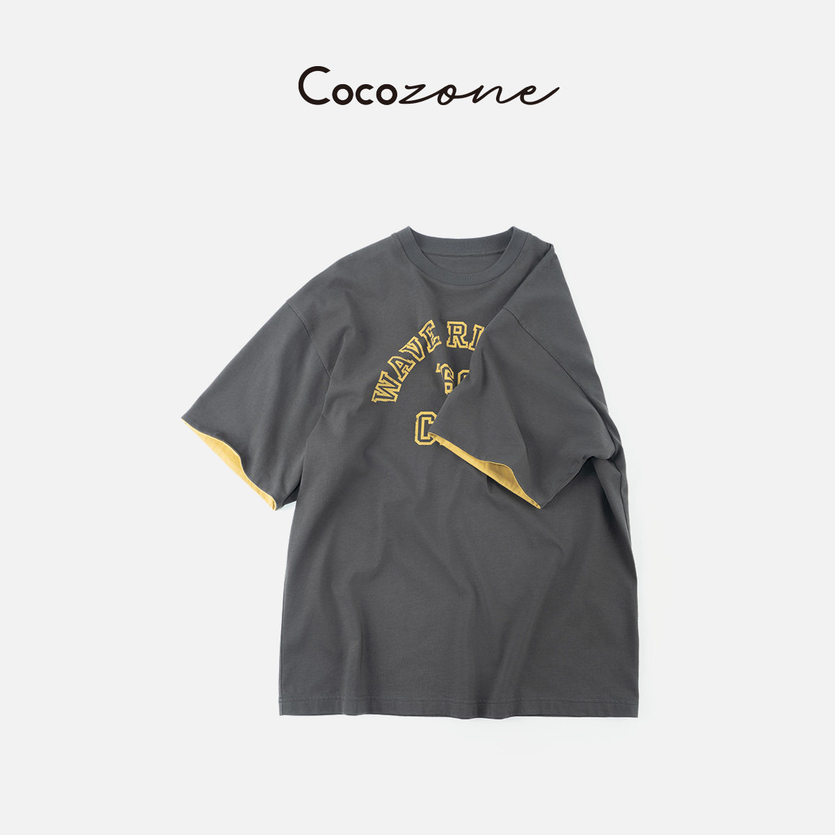 COCO ZONE 刘一一 "碳灰字母T"100棉26春夏撞色短袖T恤 CF1A0206