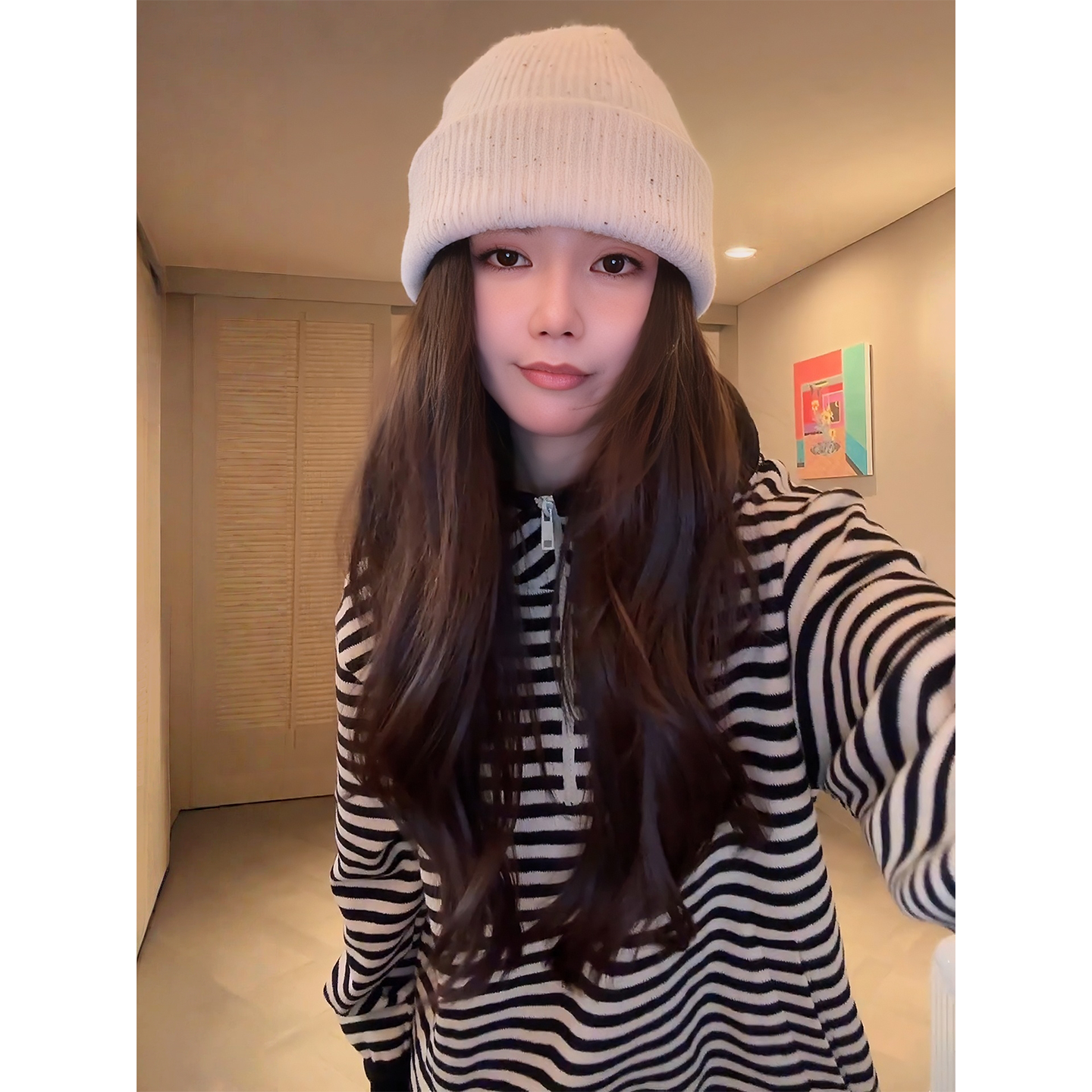 COCO ZONE 刘 一一 条纹连帽套头半拉链卫衣 CD1A1687