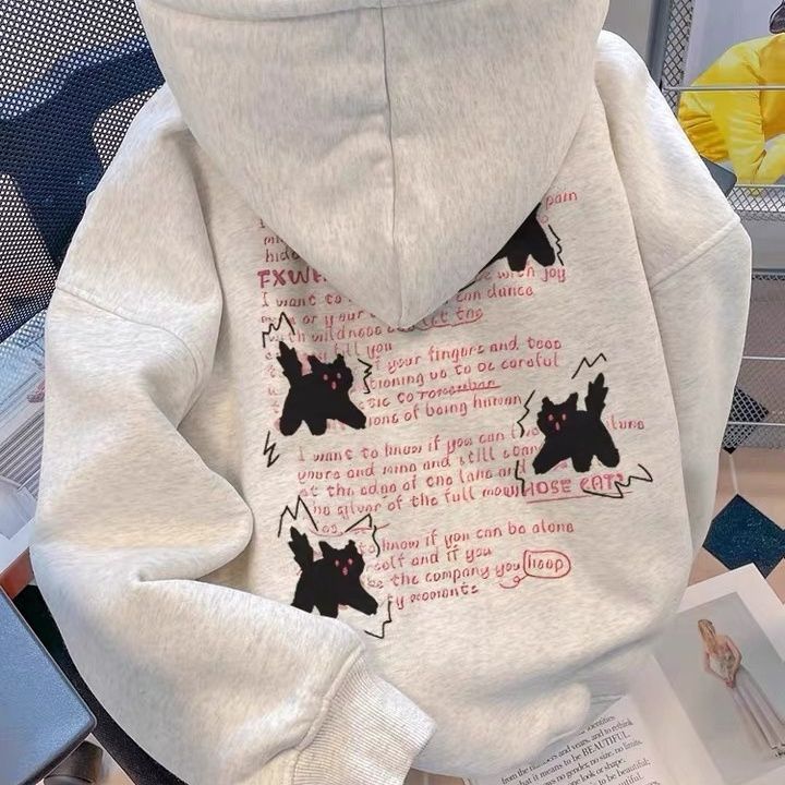 美式趣味卡通猫咪连帽卫