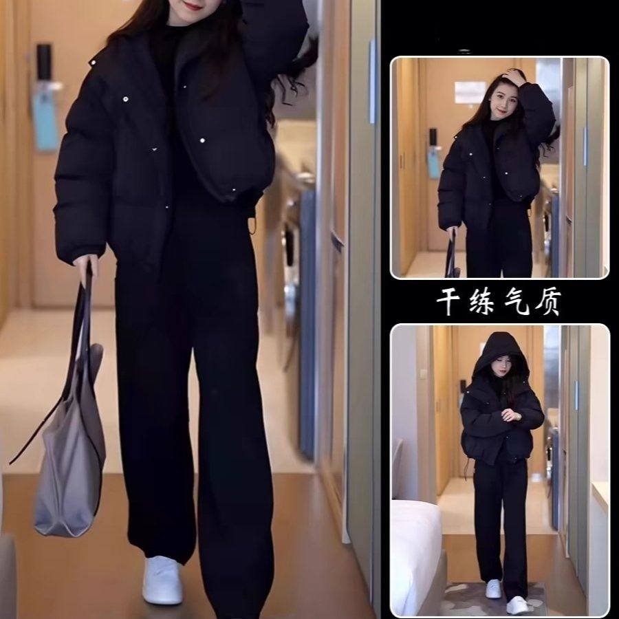 小个子时尚冬装冬季一整套2024韩版新款连帽棉服外套加绒休闲套装
