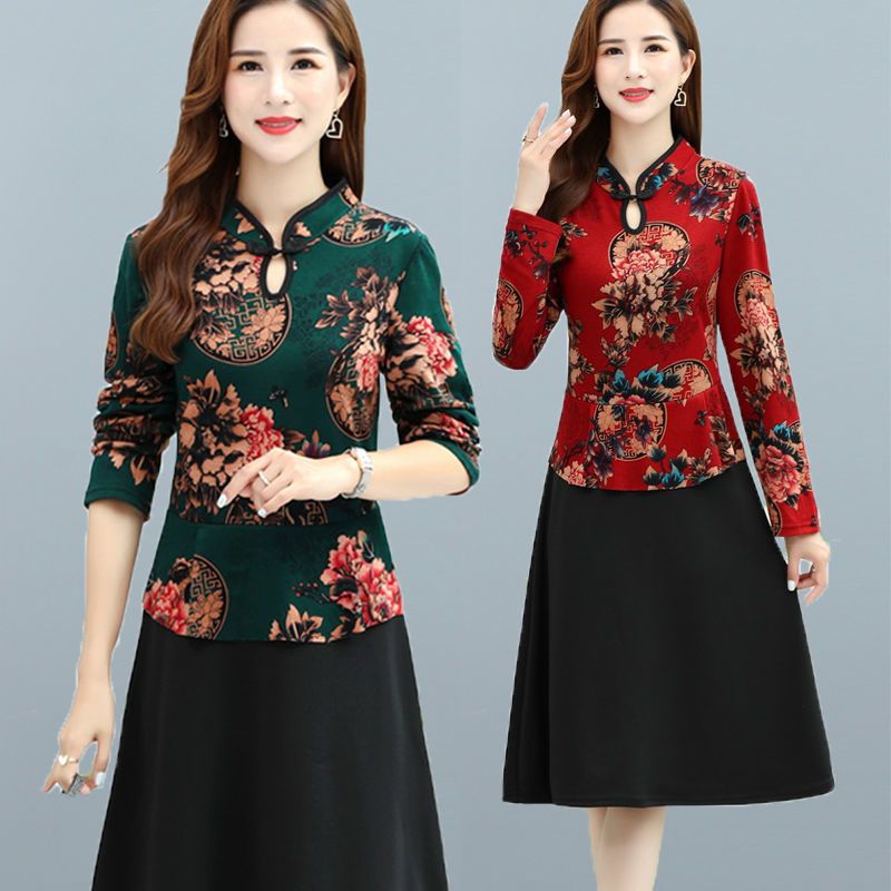 春秋季新款妈妈装假两件连衣裙大码中老年女装中长款显瘦连衣裙子