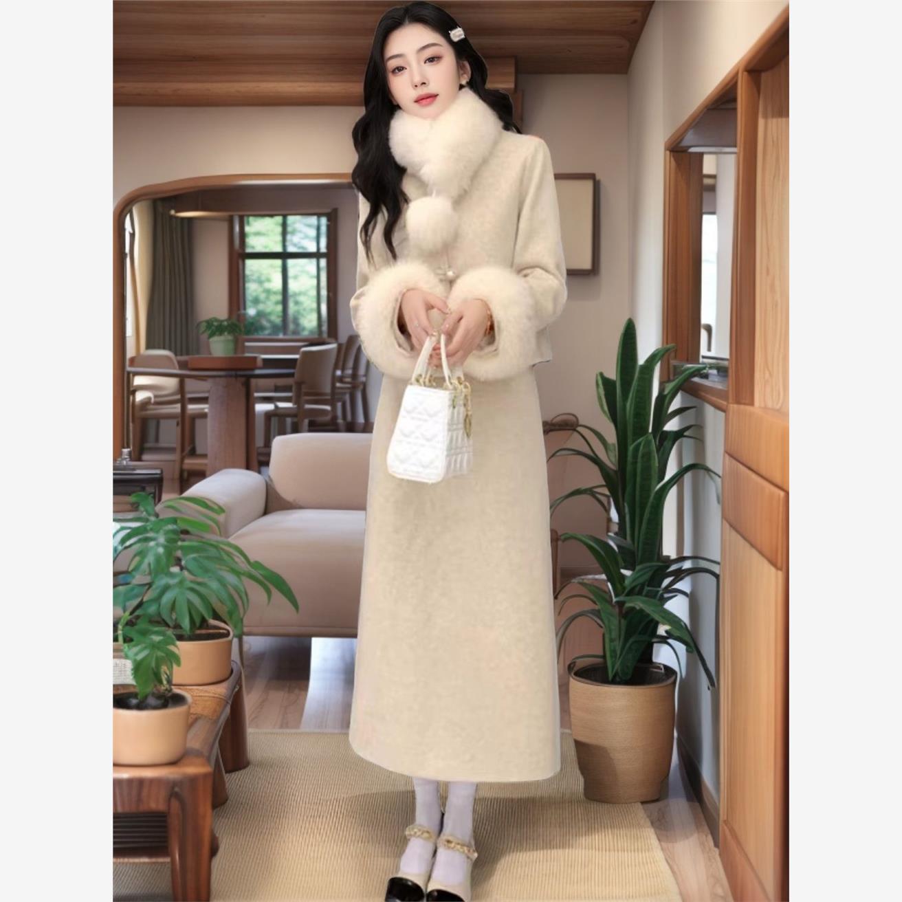 2024新款冬季名媛香风毛领套装毛呢气质外套两件半身裙加棉两件套