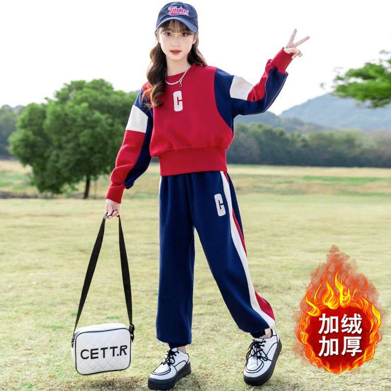 女中童秋冬装休闲加绒加厚运动套装秋裤女童秋装洋气两件套