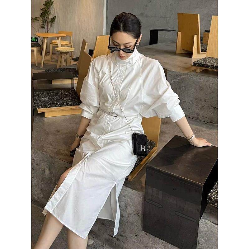 白色立领衬衫连衣裙独特漂亮春装韩系chic别致通勤穿搭高级感裙子