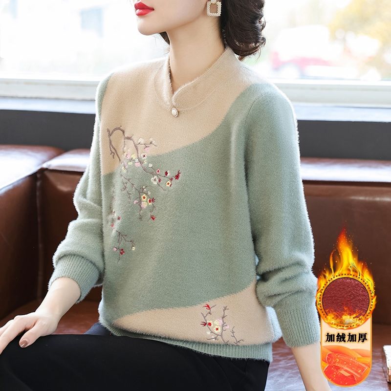 妈妈冬装加绒加厚毛衣保