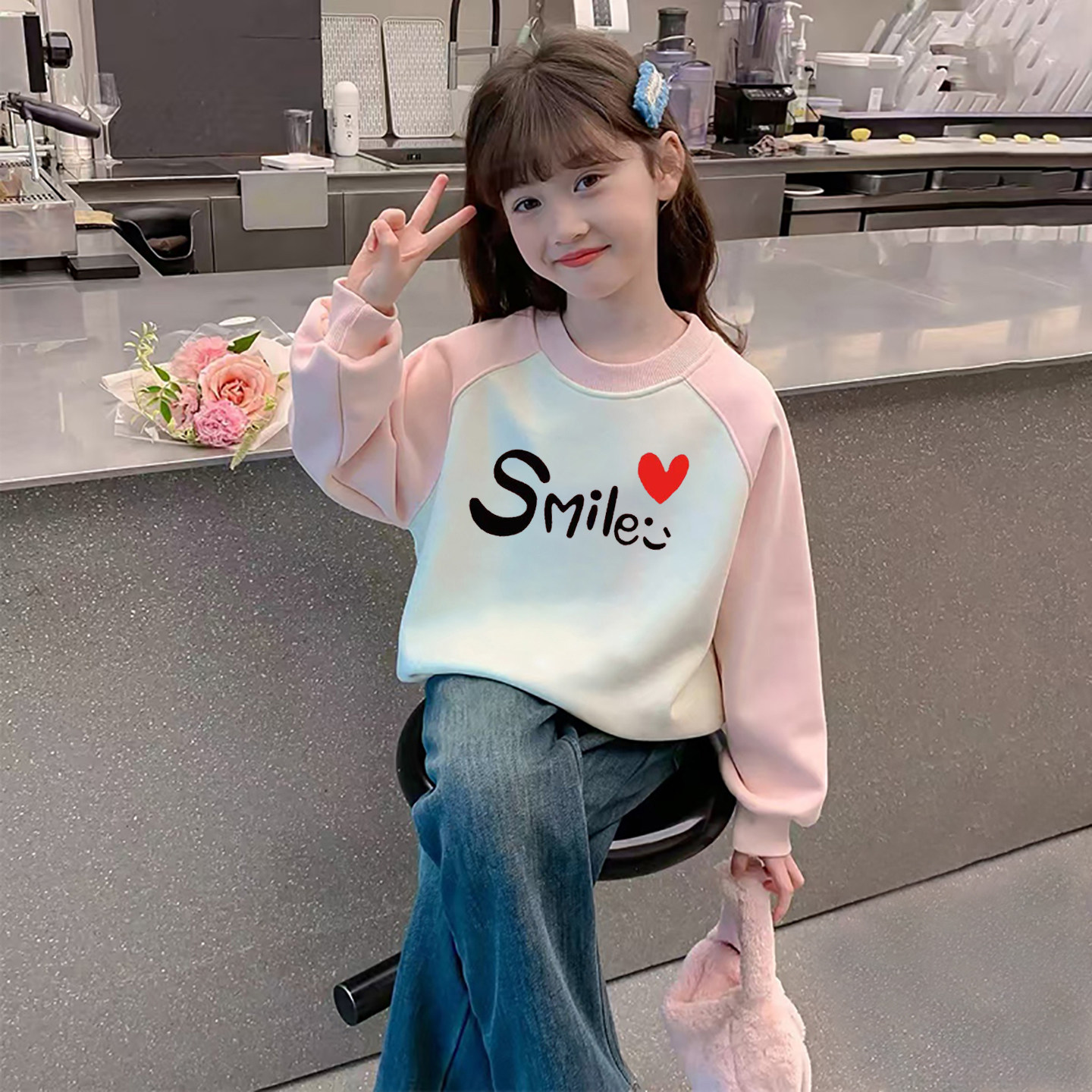 女童春秋季新款插肩袖卫衣儿童中大童小学生时尚宽松韩版百搭上衣