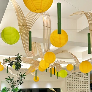 国风吊饰竹排竹条竹篾店铺美陈吊顶户外婚礼环创装饰大厅空中挂饰