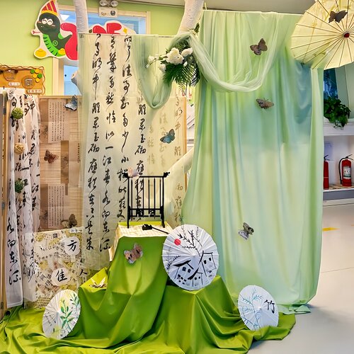 新中式古风纱幔绿色布幔场景布置