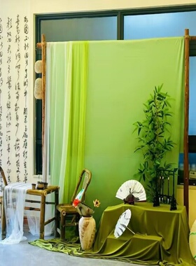 新中式国风端午中秋节日主题背景布置幼儿园环创夏日绿色书法纱幔
