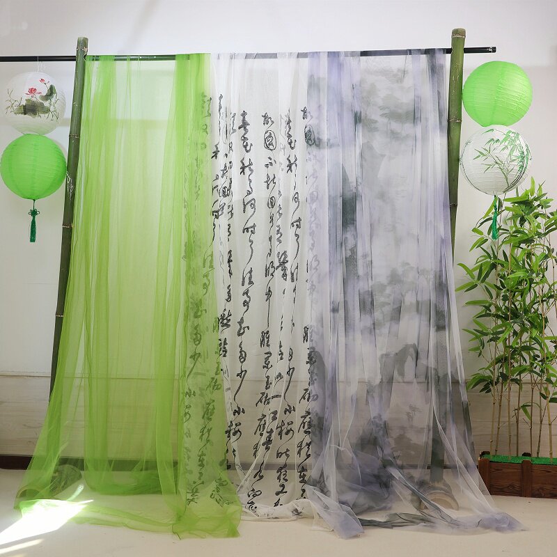 新中式绿色渐变扎染纱幔水墨画纱国风幼儿园环创户外婚庆场景布置