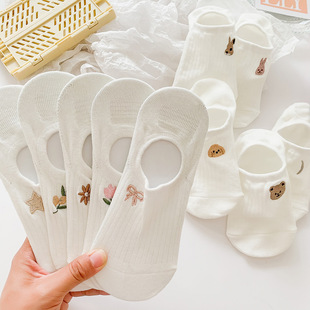 无骨袜子夏季 ins浅口纯色夏天低帮隐形袜不掉跟卡通刺绣船袜 薄款
