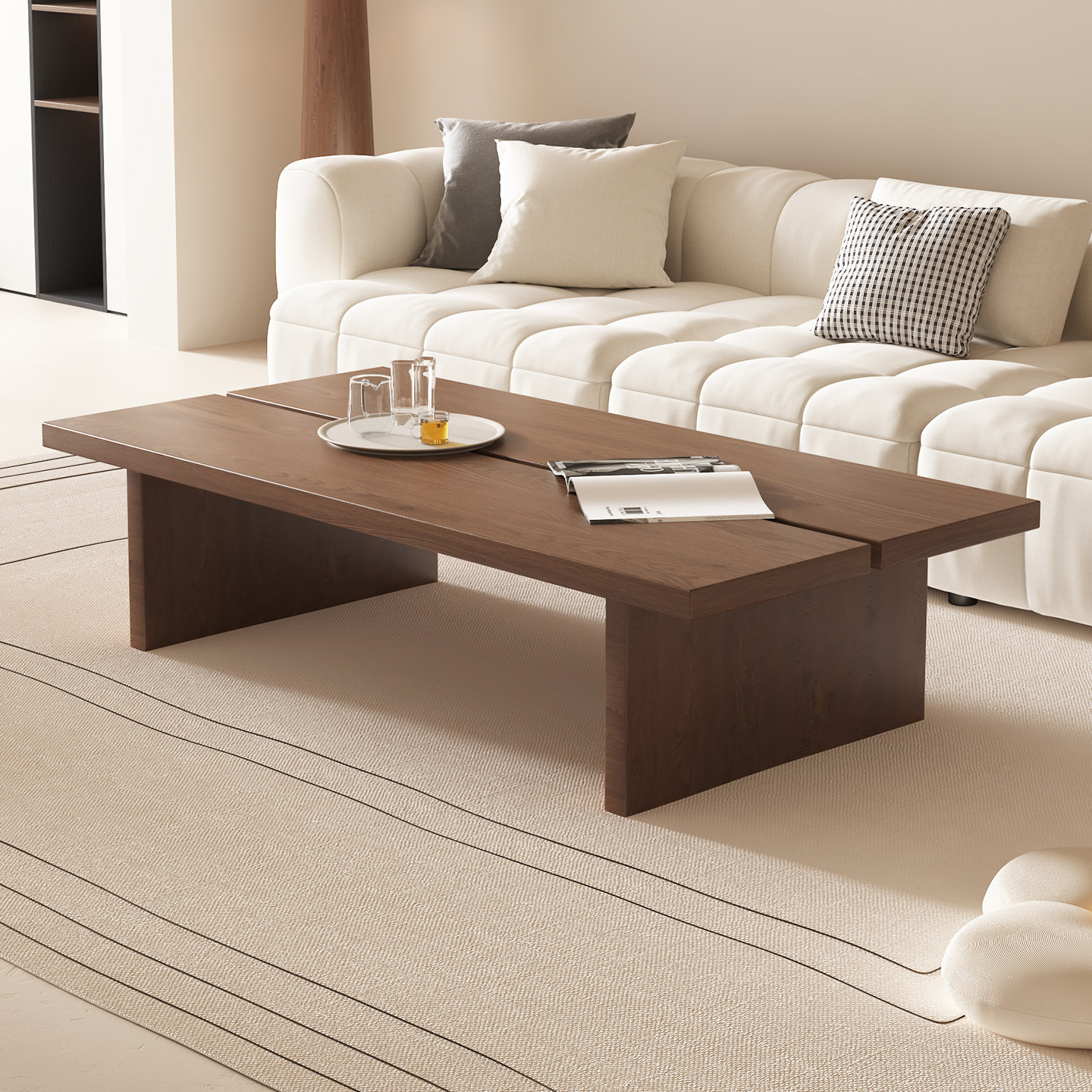 侘寂风方形茶几组合客厅家用小户型新款实木高级感中古风胡桃木色