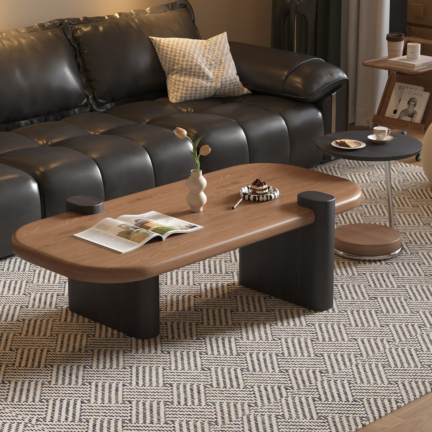 法式中古风胡桃色茶几简约客厅家用实木茶几小户型复古边几组合