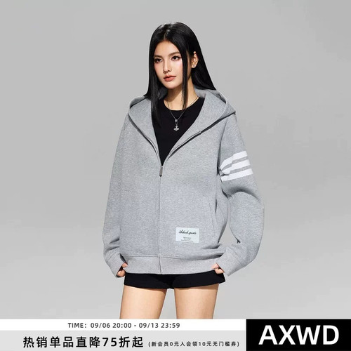 美式潮牌TB三条杠宽松百搭拉链开衫卫衣秋冬情侣连帽休闲外套