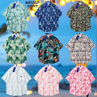 日系潮牌夏威夷情侣短袖 碎花满印复古上衣痞帅小清新衬衣男女 衬衫