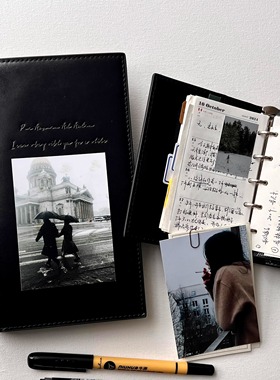 小红书同款黑色A6皮质手账本活页可拆卸学生小众日程计划记事本子