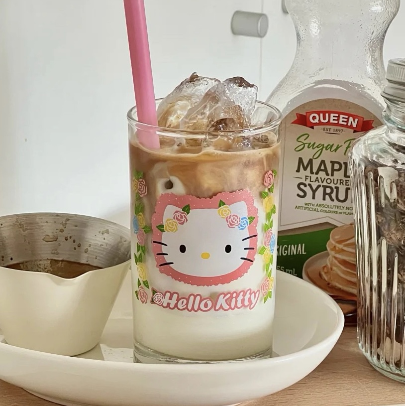 中古蔷薇花hellokitty猫玻璃杯高颜值果汁牛奶咖啡杯喝水杯子家用