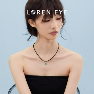 LOREN EYE 天然海蓝宝石贝壳项链黑尖晶水晶磁吸扣锁骨链女礼物