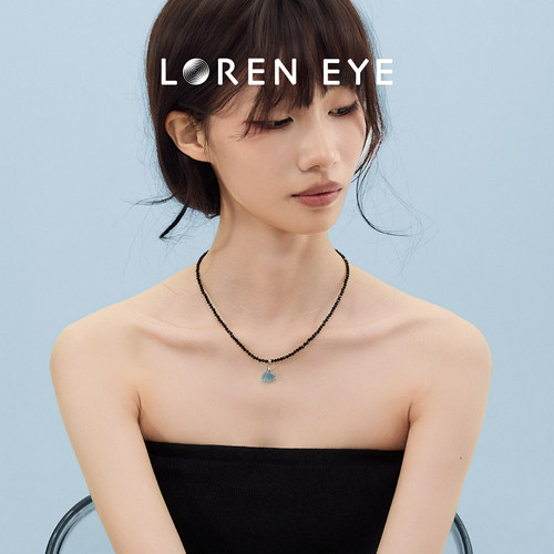 LOREN EYE 天然海蓝宝石贝壳项链黑尖晶水晶磁吸扣锁骨链女礼物