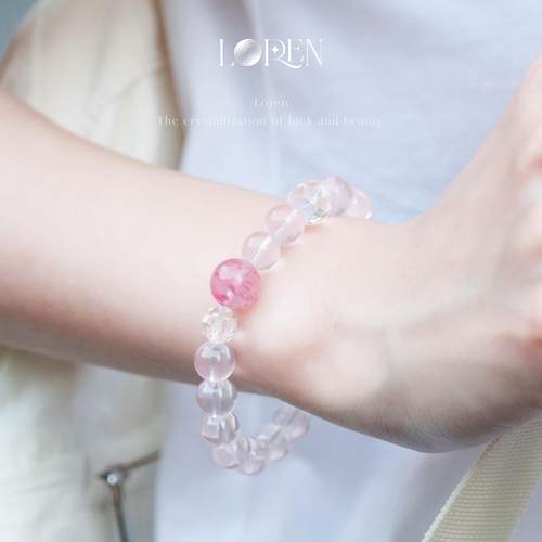 LOREN EYE 天然莫桑比克粉水晶手串蔷薇樱花雨白幽灵水晶手链女款