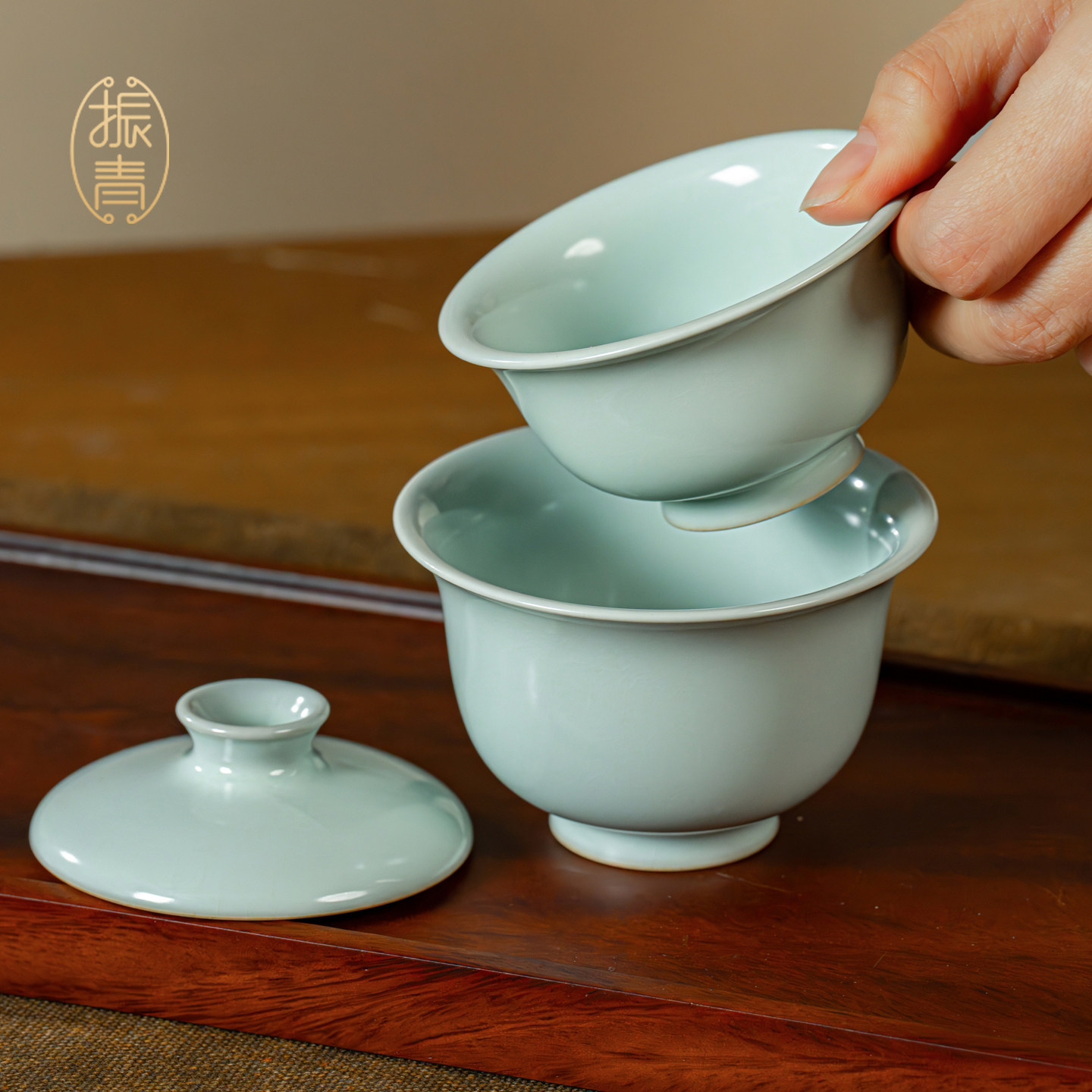汝窑盖碗茶杯便携式套装小号家用陶瓷开片旅行茶具一盖碗一杯礼盒