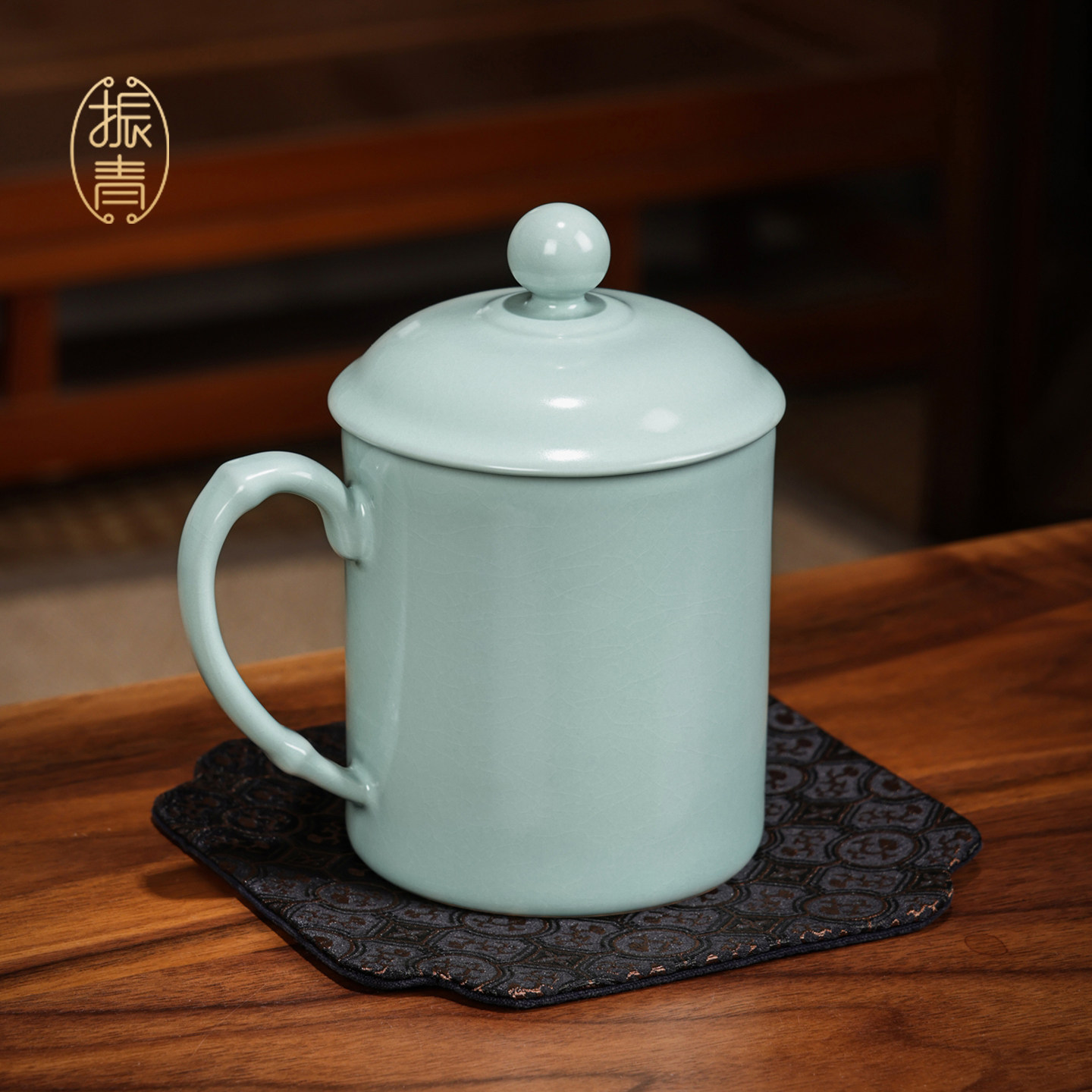 汝窑茶杯家用开 片泡茶杯陶瓷带盖子大号水杯个人办公会议杯青瓷
