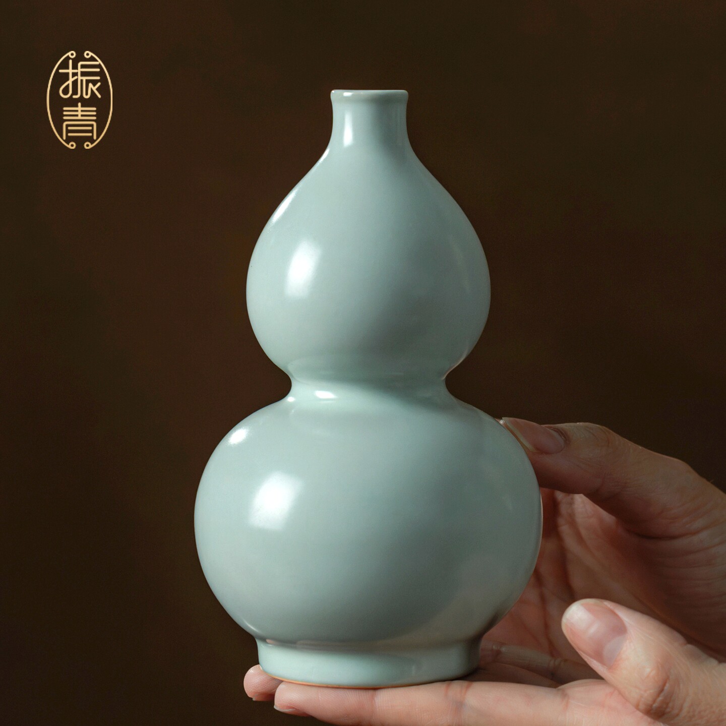 振青汝窑葫芦花瓶小号家用客厅陶瓷摆件茶宠青瓷不开片中式礼盒装