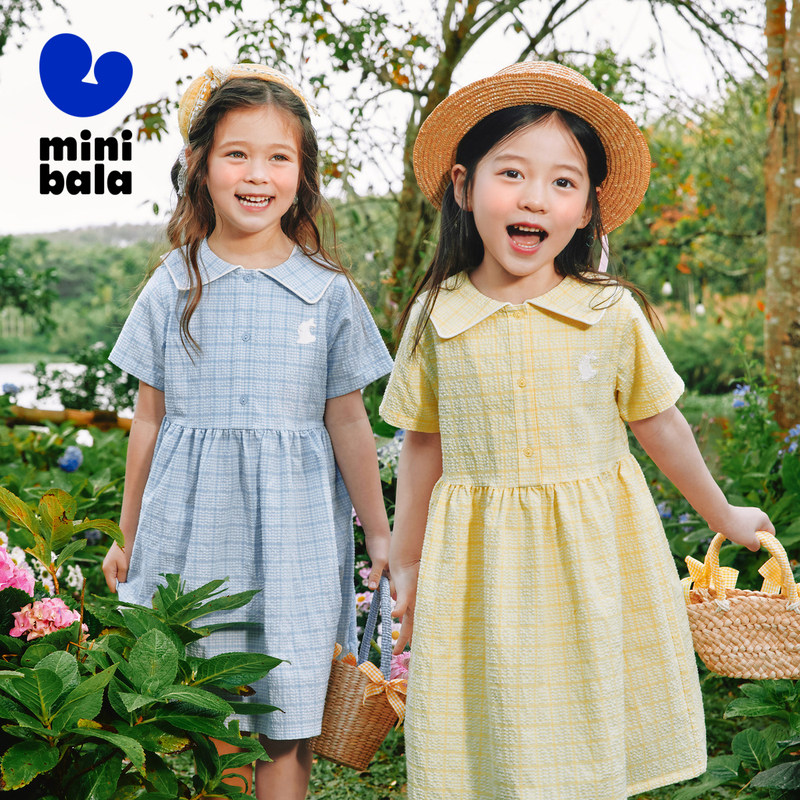 迷你巴拉巴拉女童连衣裙夏季新款儿童透气格纹长裙宝宝a字衬衫裙
