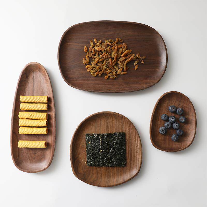 深梵 整木黑胡桃木果盘家用点心盘茶托盘实木不规则椭圆形干果盘