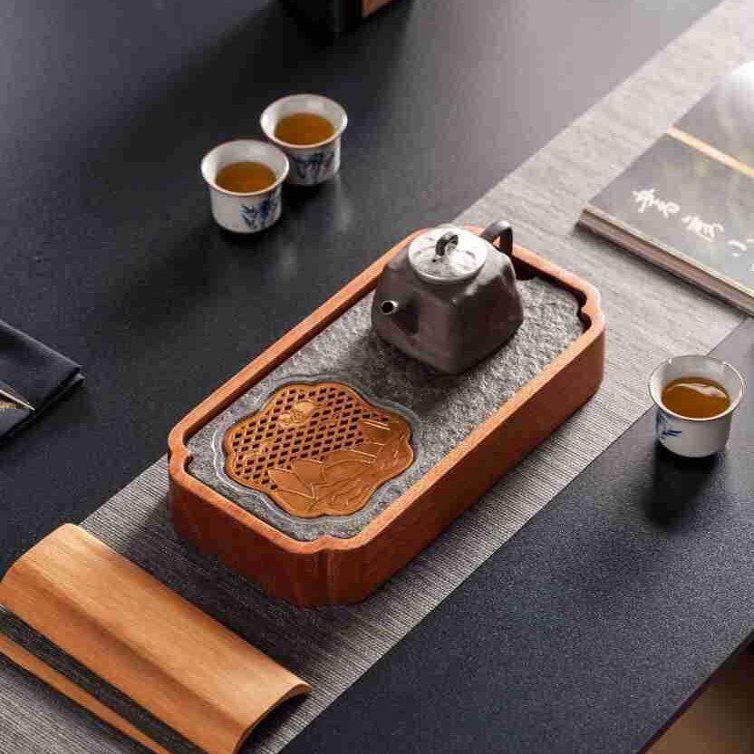 实木小型储水式茶盘家用天然乌金石干泡台一人用壶承茶台茶托盘