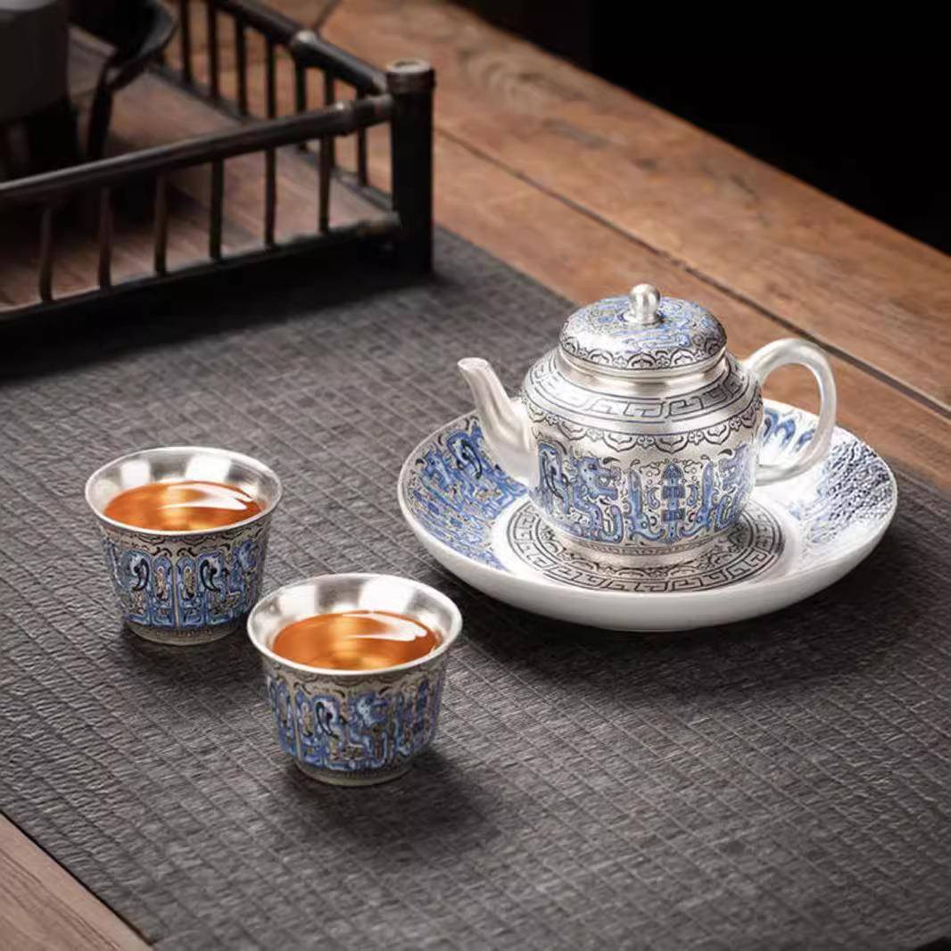 纯手工鎏银茶具套装青花龙纹敦煌一壶二杯高档茶杯家用陶瓷泡茶壶