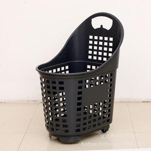 热销超大号圆弧单柄手推篮80L超市拉杆购物篮灰色4轮PP塑料篮子