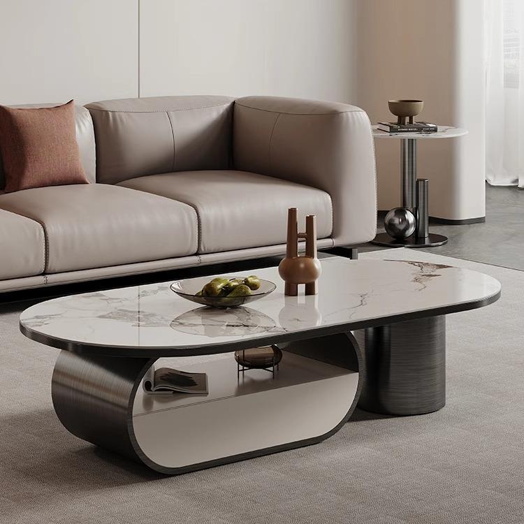 意式轻奢不锈钢岩板茶几电视柜家用现代简约椭圆形客厅茶几小户型