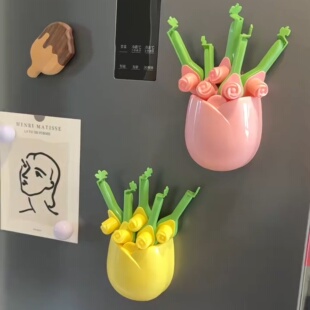 食品零食封口夹子调味品防潮夹出料嘴磁吸式冰箱贴郁金香收纳盒