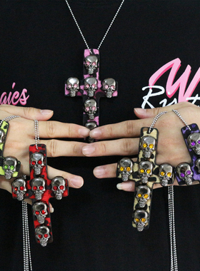 暗黑大十字项链重工吊坠骷髅靓仔Y2K亚文化哥特毛衣链辣妹配饰品