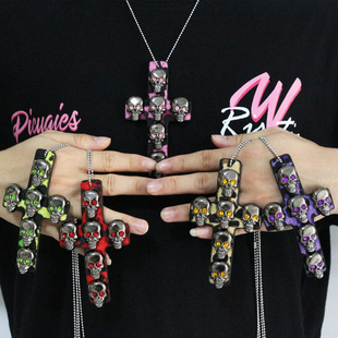 暗黑大十字项链重工吊坠骷髅靓仔Y2K亚文化哥特毛衣链辣妹配饰品