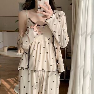 2025春季新款莫代尔棉带胸垫甜美可爱少女风爱心家居服三件套睡衣