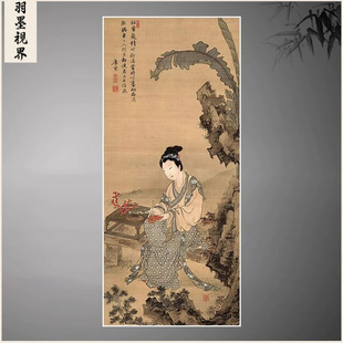 明代唐寅红叶题诗仕女图 唐伯虎国画人物古画芯高清微喷 工笔画