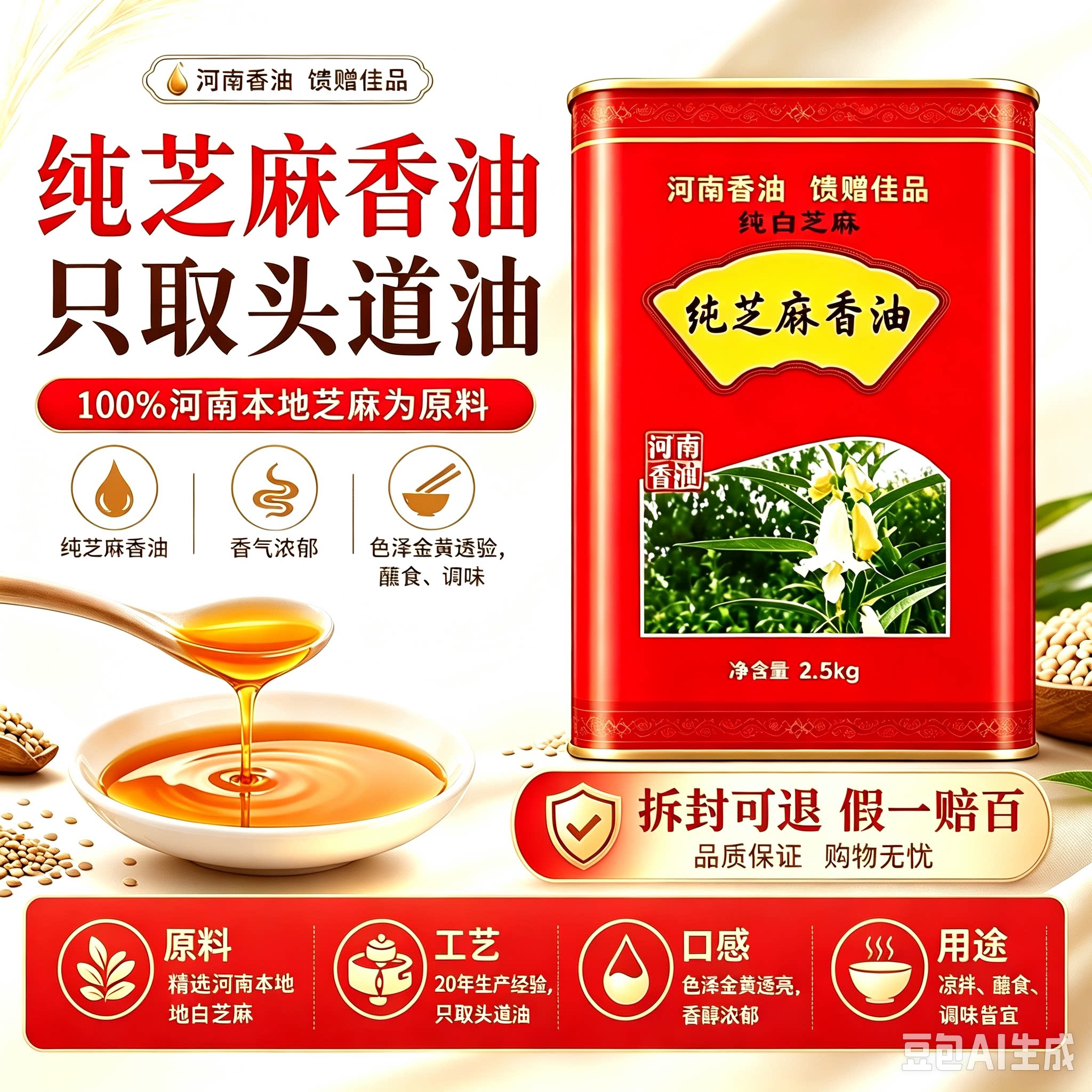 河南特产周口纯正芝麻油农家自榨正宗香油凉拌火锅油碟铁壶装