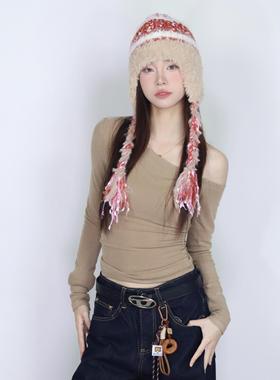 大佬街舞潮牌斜肩长袖修身上衣显瘦针织打底百搭秋冬辣妹7853