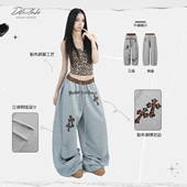 显瘦美式 大佬街舞潮牌原创豹纹十字架卫裤 休闲裤 腰头弯刀jazz9288