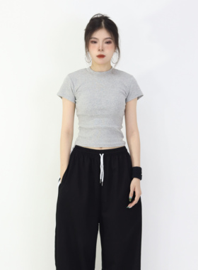 大佬街舞潮牌直筒短款上衣气质修身运动休闲简约透气夏季正肩8256