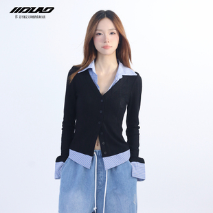 假两件格子上衣女25195 修身 大佬街舞潮牌美式 学院风POLO领针织衫