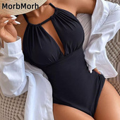 微胖保守遮肉泳装 性感显瘦连体大胸泳衣女款 成人大码 挂脖V领H杯