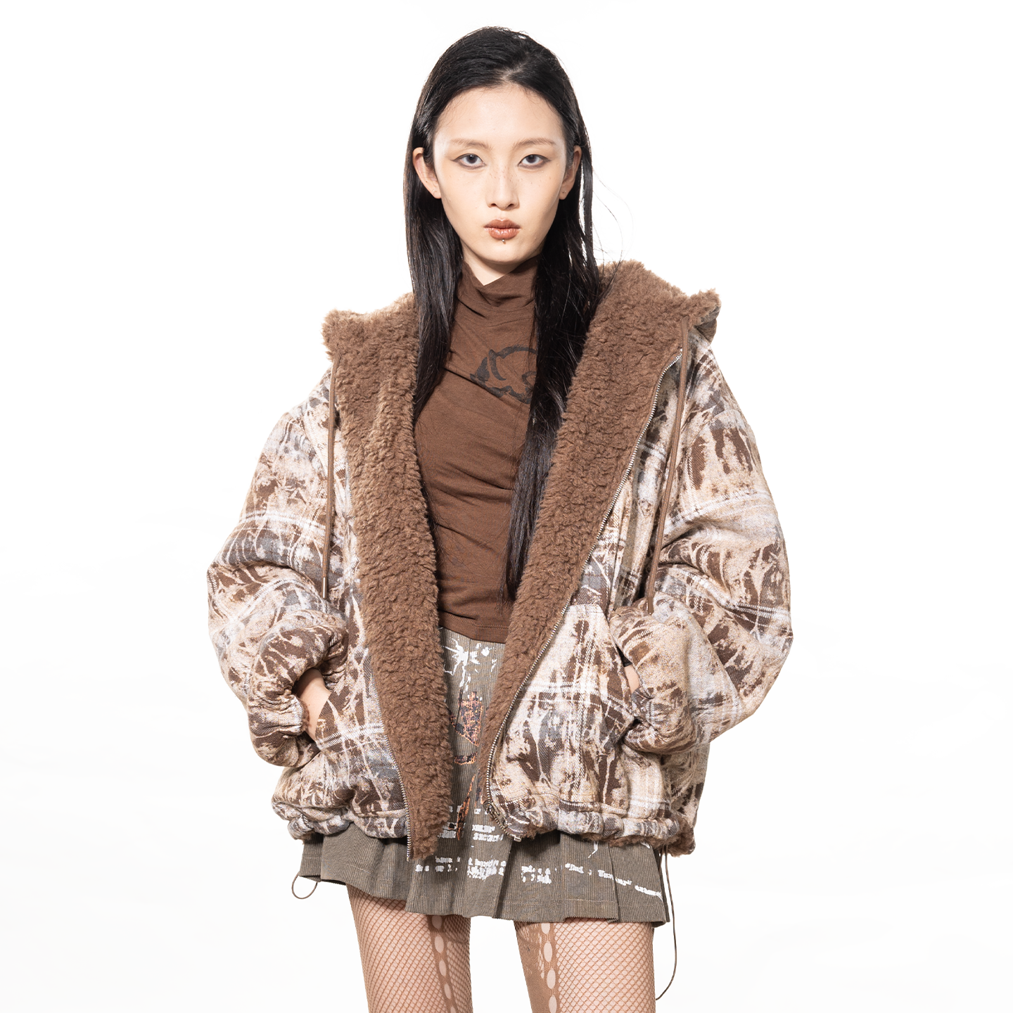 复古休闲棕色双面穿印花宽松棉服连帽仿羊羔毛加厚保暖设计感外套,女装/女士精品,棉衣/棉服,淘宝优惠券,粉丝福利购,淘宝优惠卷