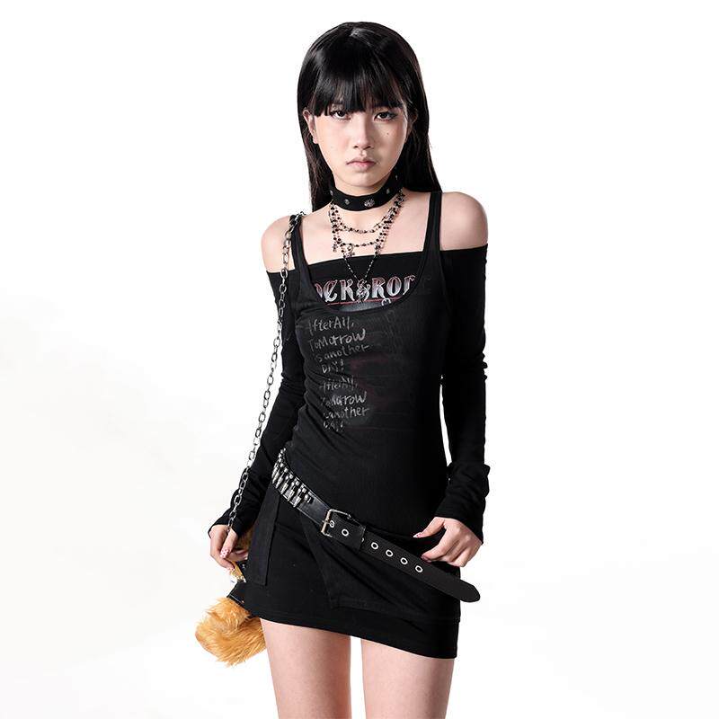 复古辣妹字母印花网纱拼接连衣裙春季女暗黑一字肩性感纯欲包臀裙